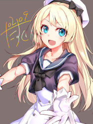 Rule 34 | 1girl, absurdres, beret, black ribbon, blonde hair, blue eyes, blue sailor collar, dated, dress, gloves, hat, highres, jervis (kancolle), kantai collection, long hair, narumiya (empty cafe), open mouth, outstretched arms, ribbon, sailor collar, sailor dress, sailor hat, smile, solo, spread arms, white dress, white gloves, white hat