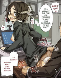 Rule 34 | 1boy, 1girl, ahegao, akai hidebu, ass, ass grab, black eyes, black hair, blush, bob cut, breasts, breasts out, brown hair, brown pantyhose, business suit, camera, chair, character request, cheating (relationship), clock, clothed sex, clothing aside, computer, desk, formal, girl on top, glasses, hard-translated, hetero, indoors, computer keyboard, laptop, medium breasts, motion lines, netorare, nipples, office, office chair, office lady, open mouth, panties, panties aside, panties under pantyhose, pantyhose, reverse upright straddle, sex, sex from behind, short hair, sitting, sitting on lap, sitting on person, straddling, suit, swivel chair, text focus, third-party edit, tongue, torn clothes, torn legwear, translated, underwear, vaginal, wall clock, webcam, white panties
