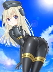 Rule 34 | 10s, 1girl, :o, ass, bent over, blonde hair, blue eyes, blue sky, blush, bodysuit, cloud, cloudy sky, cropped jacket, day, from behind, garrison cap, hat, highres, kantai collection, langley1000, lens flare, long hair, long sleeves, looking at viewer, looking back, md5 mismatch, military, military uniform, puffy long sleeves, puffy sleeves, purple eyes, revision, sky, solo, u-511 (kancolle), uniform
