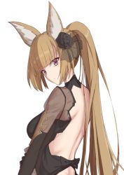 Rule 34 | 1girl, animal ears, bare back, black flower, breasts, brown hair, commentary request, elfenlied22, flower, from side, granblue fantasy, highres, long hair, looking at viewer, medium breasts, ponytail, purple eyes, simple background, solo, white background, wolf ears, yuisis (granblue fantasy)