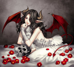 Rule 34 | 1girl, arm support, bed, black hair, blue eyes, camellia, curly hair, demon girl, demon tail, demon wings, detached sleeves, dimension zero, dress, female focus, finger to mouth, flower, hair over one eye, hand on another&#039;s chin, hand on own chin, horns, lips, long hair, looking at viewer, nail polish, pale skin, pointy ears, red nails, red wings, ribbon, skull, solo, spread wings, demon girl, tail, wings, yuki hayabusa