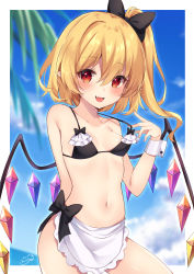 Rule 34 | 1girl, :d, apron, bare shoulders, bikini, black bikini, black bow, blonde hair, blue sky, bow, breasts, contrapposto, cowboy shot, crystal, day, fang, flandre scarlet, hair between eyes, highres, looking at viewer, miy@, navel, no headwear, one side up, open mouth, outdoors, palm tree, red eyes, signature, skin fang, sky, small breasts, smile, solo, strap pull, swimsuit, touhou, tree, wings