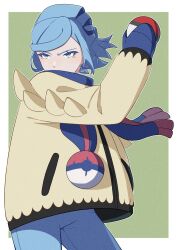 Rule 34 | 1boy, aqua eyes, blue hair, blue mittens, blue pants, border, commentary request, cowboy shot, creatures (company), game freak, green background, grusha (pokemon), hand in pocket, hand up, highres, holding, holding poke ball, jacket, long hair, long sleeves, looking to the side, male focus, mittens, mocacoffee 1001, nintendo, outside border, pants, poke ball, poke ball (basic), pokemon, pokemon sv, signature, solo, white border, yellow jacket