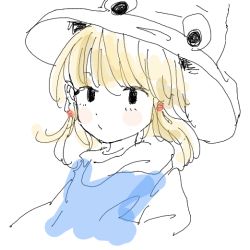 Rule 34 | 1girl, blonde hair, blush stickers, closed mouth, conose, expressionless, eyelashes, hair ornament, hat, looking at viewer, medium hair, moriya suwako, oekaki, partially colored, simple background, sketch, solo, touhou, turtleneck, upper body, white background