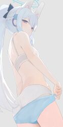 Rule 34 | 1girl, ass, blue archive, blue halo, blue shorts, bra, braid, breasts, clothes pull, from behind, grey background, grey bra, grey pants, halo, highres, hiroki (yyqw7151), long hair, looking at viewer, miyako (blue archive), panties, pants, ponytail, shorts, shorts pull, simple background, small breasts, solo, underwear, white bra, white panties