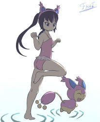 Rule 34 | animal ears, armpits, ass, barefoot, black hair, breasts, cat ears, clenched hands, collarbone, creatures (company), crossover, fake animal ears, fant da fanto, feet, full body, game freak, gen 3 pokemon, highres, k-on!, legs, long hair, long twintails, nakano azusa, neck, nintendo, official alternate costume, one-piece swimsuit, open mouth, paw pose, pink one-piece swimsuit, pokemon, running, sidelocks, size difference, skitty, small breasts, soles, standing, standing on one leg, swimsuit, swimsuit skirt, thighs, toes, twintails, water