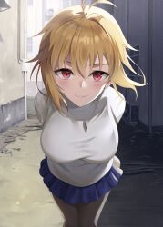 1girl alley antenna_hair arcueid_brunestud blonde_hair blue_skirt blush breasts closed_mouth commentary_request highres jewelry large_breasts leaning_forward necklace pantyhose pleated_skirt red_eyes skirt smile solo straight-on sweater tsukihime tsukihime_(remake) turtleneck turtleneck_sweater white_sweater yuyuenimo