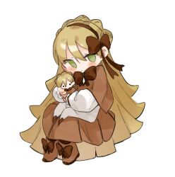 Rule 34 | 1girl, blonde hair, boots, braid, brown capelet, brown footwear, brown hairband, brown ribbon, brown skirt, capelet, character doll, chibi, closed mouth, commentary request, crown braid, footwear ribbon, green eyes, hair ribbon, hairband, invisible chair, lobotomy corporation, long hair, long sleeves, neck ribbon, no nose, no sclera, nonga, pleated skirt, project moon, ribbon, shirt, simple background, sitting, skirt, tiphereth a (project moon), tiphereth b (project moon), very long hair, white background, white shirt