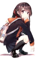 Rule 34 | 1girl, absurdres, backpack, bag, black footwear, black socks, blush, bow, braid, brown eyes, brown hair, commentary request, hair bow, hair ornament, hairclip, hand to own mouth, highres, hood, hooded jacket, jacket, kneehighs, loafers, looking at viewer, original, pleated skirt, ponytail, ranf, red bow, shoes, simple background, skirt, sleeves past wrists, socks, solo, squatting, white background, x hair ornament