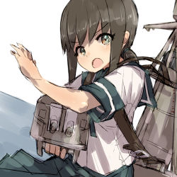 Rule 34 | 1girl, adapted turret, aiming, alchera, black eyes, black hair, blue sailor collar, blue skirt, cannon, fubuki (kancolle), kantai collection, looking at viewer, low ponytail, machinery, open mouth, pleated skirt, ponytail, sailor collar, school uniform, serafuku, short ponytail, sidelocks, skirt, solo, turret