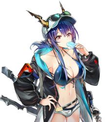 Rule 34 | 1girl, arknights, bag, bikini, black bikini, black jacket, blue hair, breasts, ch&#039;en (arknights), ch&#039;en the holungday (arknights), cleavage, collarbone, commentary, cowboy shot, dragon horns, eyewear on head, food, food in mouth, hand on own hip, hat, highres, holding, holding food, holding ice cream, horns, ice cream, jacket, jia redian ruzi ruzi, large breasts, linea alba, long hair, long sleeves, midriff, navel, off shoulder, official alternate costume, open clothes, open jacket, red eyes, short shorts, shorts, shoulder bag, sidelocks, simple background, solo, swimsuit, sword, weapon, white background, white hat, white shorts