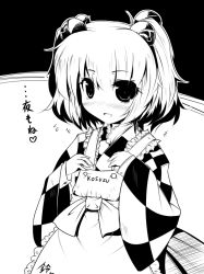 Rule 34 | 1girl, ai takurou, apron, bell, blush, checkered clothes, checkered shirt, clothes writing, female focus, greyscale, hair bell, hair ornament, jingle bell, looking at viewer, monochrome, motoori kosuzu, shirt, short hair, smile, solo, touhou, translation request, twintails, two side up