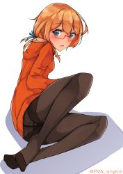 Rule 34 | 1girl, alternate costume, alternate hair color, ass, blush, commentary request, full body, green eyes, highres, hood, hoodie, i-8 (kancolle), kantai collection, knee up, legs, long hair, looking at viewer, looking back, lying, no pants, on side, open mouth, orange hair, pantyhose, ponytail, red-framed eyewear, simple background, solo, thighband pantyhose, thighs, twitter username, uut, white background