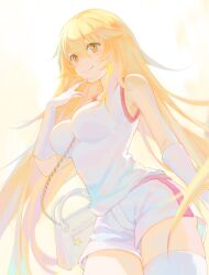 Rule 34 | 1girl, absurdres, blonde hair, breasts, closed mouth, commentary request, elbow gloves, gloves, gym shirt, gym shorts, gym uniform, hair between eyes, highres, large breasts, long hair, shirt, shokuhou misaki, shorts, sleeveless, sleeveless shirt, smile, solo, sparkling eyes, standing, symbol-shaped pupils, thighhighs, thyme (4749874974), toaru kagaku no railgun, toaru kagaku no railgun t, toaru majutsu no index, tokiwadai school gym uniform, very long hair, white gloves, white shirt, white shorts, white thighhighs, yellow eyes