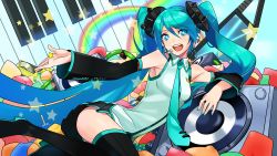 Rule 34 | 1girl, absurdres, aqua eyes, aqua hair, aqua nails, arched back, dekodere, detached sleeves, hatsune miku, headphones, headset, highres, long hair, lying, nail polish, nana g, necktie, on side, sitting, skirt, smile, solo, speaker, star (symbol), symbol-shaped pupils, thighhighs, twintails, vector trace, very long hair, vocaloid, zettai ryouiki