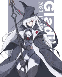 Rule 34 | 1girl, absurdres, arknights, ascot, black coat, black hat, black shirt, black thighhighs, character name, coat, coat on shoulders, cowboy shot, dated, earrings, gladiia (arknights), hat, highres, holding, holding polearm, holding weapon, jewelry, long hair, looking at viewer, open clothes, open coat, pantyhose, pointy ears, polearm, red eyes, shirt, solo, thigh gap, thighhighs, thighhighs over pantyhose, v-shaped eyebrows, very long hair, weapon, white ascot, white hair, white pantyhose, xue jian ying
