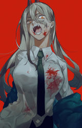 Rule 34 | 1girl, absurdres, black necktie, blood, blue jacket, brown hair, chainsaw man, cross-shaped pupils, demon horns, fangs, hair between eyes, highres, horns, jacket, unworn jacket, long hair, long sleeves, meltykiss0316, necktie, open mouth, power (chainsaw man), red background, red horns, sharp teeth, solo, standing, symbol-shaped pupils, teeth, yellow eyes