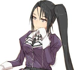 Rule 34 | 1girl, alchera, belt, black hair, expressionless, gloves, grey eyes, hand on own chin, kantai collection, looking to the side, military, military uniform, nachi (kancolle), nachi kai ni (kancolle), side ponytail, simple background, solo, twitter username, uniform, upper body, white background, white gloves