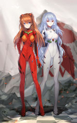 Rule 34 | 2girls, absurdres, alternate hair length, alternate hairstyle, ayanami rei, back-to-back, blue eyes, blue hair, bodysuit, breasts, brown hair, evangelion: 3.0+1.0 thrice upon a time, full body, gekka nanako, hair ornament, hairpods, highres, interface headset, long hair, looking at viewer, medium breasts, multiple girls, neon genesis evangelion, orange hair, pilot suit, plugsuit, rebuild of evangelion, red bodysuit, red eyes, resolution mismatch, shiny clothes, source larger, souryuu asuka langley, standing, two side up, very long hair