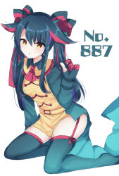 Rule 34 | 1girl, ascot, ass, blush, brown eyes, commentary, creatures (company), dragapult, eyelashes, game freak, garter straps, gen 8 pokemon, gloves, green thighhighs, hair between eyes, hair ornament, hand up, highres, kneeling, long hair, nintendo, ougi hina, partially fingerless gloves, personification, pokedex number, pokemon, pokemon (creature), red ascot, solo, thighhighs, white background