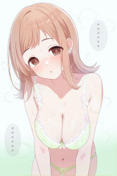 Rule 34 | ..., 1girl, bare arms, bare shoulders, bikini, blush, bra, breasts, breasts squeezed together, brown eyes, brown hair, cleavage, collarbone, commentary request, empty eyes, gradient background, green background, green bikini, green bra, head tilt, highres, idolmaster, idolmaster shiny colors, kozuka yasushi, lace, lace-trimmed bra, lace trim, large breasts, leaning forward, looking at viewer, navel, nose blush, open mouth, sakuragi mano, short bangs, short hair, simple background, solo, spoken ellipsis, sweat, swimsuit, underwear, underwear only, white background