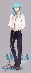 Rule 34 | 10s, 1boy, alternate costume, artist name, blue hair, character name, contrapposto, dated, dramatical murder, dress shirt, full body, grey background, gu-akira, hair between eyes, highres, long hair, microphone, microphone stand, outline, pants, seragaki aoba, shirt, smile, standing, wink, yellow eyes