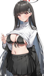 Rule 34 | 1girl, absurdres, bikini, black bikini, black hair, black jacket, black skirt, blue archive, blush, breasts, bright pupils, clothes lift, hair ornament, halo, highres, jacket, large breasts, long hair, long sleeves, looking at viewer, navel, parted lips, pleated skirt, rio (blue archive), simple background, skirt, solo, stomach, suiroh (shideoukami), sweater, sweater lift, swimsuit, turtleneck, turtleneck sweater, white background, white pupils, white sweater