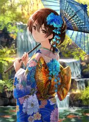 Rule 34 | 10s, 1girl, alternate costume, blue flower, blue kimono, brown eyes, brown hair, cod, day, expressionless, floral print, flower, from behind, fuzichoco, hair between eyes, hair flower, hair ornament, holding, holding umbrella, japanese clothes, kaga (kancolle), kantai collection, kimono, long sleeves, looking back, obi, oil-paper umbrella, outdoors, rock, sash, short hair, side ponytail, solo, tree, umbrella, water, waterfall, wide sleeves, yukata