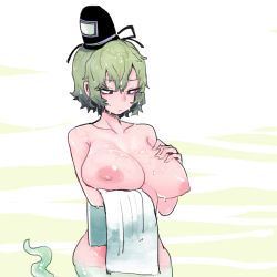 Rule 34 | 1girl, black eyes, black hat, breast hold, breasts, cowboy shot, ghost tail, green hair, hand on own chest, hat, highres, holding, large breasts, looking down, nipples, nude, nyong nyong, soga no tojiko, solo, tate eboshi, touhou, towel, wet, wet hair