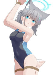 Rule 34 | 1girl, absurdres, animal ear fluff, animal ears, barefoot, bdsm, black one-piece swimsuit, blue archive, blue eyes, bondage, bound, bound wrists, breasts, competition swimsuit, covered navel, cross hair ornament, extra ears, feet, gevuxx, grey hair, hair ornament, halo, highres, low ponytail, medium breasts, medium hair, mismatched pupils, multicolored clothes, multicolored swimsuit, official alternate costume, one-piece swimsuit, restrained, shiroko (blue archive), shiroko (swimsuit) (blue archive), soles, solo, swimsuit, tied up (nonsexual), toes, white background, wolf ears