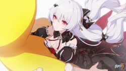 Rule 34 | 1boy, 1girl, black dress, black sleeves, breast rest, breasts, captain (honkai impact), chinese commentary, closed mouth, detached sleeves, dress, flower, hetero, highres, homu (honkai impact), honkai (series), honkai impact 3rd, large breasts, logo, long hair, looking at another, official art, official wallpaper, open hand, red eyes, red flower, red rose, rose, simple background, smile, solo focus, theresa apocalypse, theresa apocalypse (luna kindred), theresa apocalypse (lunar vow: crimson love), white background, white hair