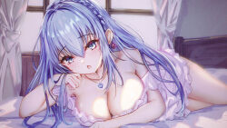 Rule 34 | 1girl, blue hair, blush, braid, breasts, cleavage, commission, earrings, frilled nightgown, heart pendant, highres, jewelry, large breasts, long hair, looking at viewer, mito soosu, necklace, nightgown, on bed, open mouth, original, pendant, skeb commission, sleepwear, solo, white nightgown