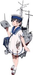 Rule 34 | 1girl, bag, black hair, blush stickers, brown eyes, burnt clothes, damaged, dress, full body, hand up, hat, hiburi (kancolle), kantai collection, looking at viewer, mary janes, official art, open mouth, rigging, sailor dress, sailor hat, shibafu (glock23), shoes, short ponytail, shoulder bag, smudge, solo, soot, torn clothes, transparent background, underwear, white legwear