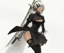 Rule 34 | 1girl, arms at sides, bad id, bad pixiv id, black dress, black footwear, black gloves, black hairband, black ribbon, black thighhighs, blindfold, boots, breasts, cleavage, cleavage cutout, clothing cutout, covered eyes, cowboy shot, dress, ev1ct, feather-trimmed sleeves, feather trim, gloves, hair over eyes, hairband, highres, juliet sleeves, katana, leaning forward, legs together, lips, long sleeves, medium breasts, mole, mole under mouth, nier:automata, nier (series), nose, parted lips, pink lips, puffy sleeves, ribbed dress, ribbon, short dress, short hair, side slit, silver hair, simple background, solo, standing, sword, teeth, thigh boots, thighhighs, thighs, vambraces, weapon, weapon on back, 2b (nier:automata)