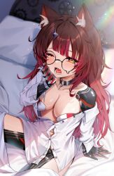 Rule 34 | 1girl, animal ear fluff, animal ears, arm support, black-framed eyewear, breasts, bu leike, button gap, choker, dress shirt, glasses, half-closed eyes, hand up, highres, hololive, looking at viewer, medium breasts, o-ring, o-ring choker, on bed, one eye closed, open mouth, partially unbuttoned, red hair, roboco-san, shirt, sitting, solo, teardrop-framed glasses, virtual youtuber, white shirt, yawning, yellow eyes