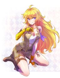 Rule 34 | 1girl, amputee, bare shoulders, belt, blonde hair, breasts, collarbone, gloves, highres, iesupa, long hair, mechanical arms, prosthesis, prosthetic arm, purple eyes, rwby, single glove, single mechanical arm, solo, wavy hair, yang xiao long