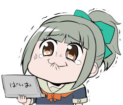 Rule 34 | 10s, 1girl, anger vein, bkub (style), blunt bangs, bow, brown eyes, computer, eyebrows, folded ponytail, green eyes, green hair, hair bow, kantai collection, laptop, matching hair/eyes, neckerchief, poptepipic, sailor collar, sailor shirt, shirt, short sleeves, solo, tears, text focus, translation request, trembling, upper body, white background, yano toshinori, yuubari (kancolle)