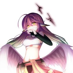 Rule 34 | 1girl, ahoge, angel wings, blood, blood on face, breasts, bridal gauntlets, closed mouth, spiked halo, crop top, cross, evil smile, feathered wings, gradient hair, hair between eyes, halo, jibril (no game no life), long hair, looking at viewer, low wings, magic circle, medium breasts, midriff, multicolored hair, no game no life, pink hair, smile, solo, sugar (dndi888), symbol-shaped pupils, tattoo, very long hair, white wings, wing ears, wings, yellow eyes