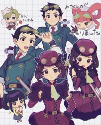 Rule 34 | 2boys, 3girls, ace attorney, belt, black eyes, black hair, blonde hair, blue eyes, blue jacket, blunt bangs, bow-shaped hair, brown gloves, brown hair, chibi, chibi inset, closed mouth, collared shirt, commentary request, cotton candy, detached sleeves, dress, gloves, goggles, goggles on head, goggles on headwear, hair rings, hands on own face, herlock sholmes, highres, index finger raised, iris wilson, jacket, long sleeves, looking at viewer, mask, mask on head, multiple boys, multiple girls, necktie, official alternate costume, open mouth, pink hair, red dress, red headwear, red necktie, rei membami, ryunosuke naruhodo, shirt, short hair, smile, sparkle, sparkling eyes, steampunk, susato mikotoba, the great ace attorney, the great ace attorney 2: resolve, translation request, yamunashi