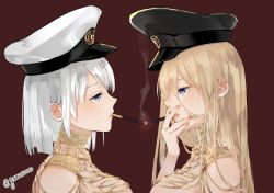 Rule 34 | 2girls, azur lane, bare shoulders, bismarck (azur lane), black headwear, blonde hair, blue eyes, breasts, cigarette, cigarette kiss, commentary request, from side, hair between eyes, hand on own face, hat, jewelry, large breasts, mouth hold, multiple girls, nail polish, neko (ganecooo), parted lips, peaked cap, pink nails, profile, red background, short hair, silver hair, simple background, smoke, smoking, tirpitz (azur lane), twitter username, upper body