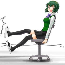 Rule 34 | 00s, 1girl, :d, ^^^, a1 (initial-g), black thighhighs, blunt bangs, blush, bow, bowtie, breasts, buttons, chair, collared shirt, dress shirt, from side, full body, green hair, happy, headset, idolmaster, idolmaster (classic), idolmaster 1, legs up, long sleeves, looking at viewer, looking back, microphone, mole, mole under mouth, motion lines, name tag, office chair, open mouth, otonashi kotori, pencil skirt, red eyes, sandals, shadow, shirt, shoe dangle, short hair, simple background, sitting, skirt, smile, solo, speed lines, swivel chair, thighhighs, vest, white background, zettai ryouiki
