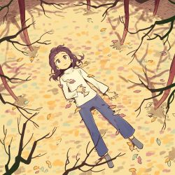 Rule 34 | 1girl, autumn, autumn leaves, bare tree, blue pants, branch, brown eyes, brown hair, closed mouth, commentary, expressionless, from above, grey legwear, leaf, long hair, long sleeves, lying, muji (uimss), no shoes, on back, original, outdoors, pants, solo, sweater, tree, white sweater