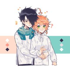 Rule 34 | 1boy, 1girl, ?, ahoge, black hair, blue scarf, blush, braid, closed mouth, collar, collared shirt, commentary request, emma (yakusoku no neverland), emnoray, green eyes, hair ornament, hair over one eye, heart, highres, hug, hug from behind, long sleeves, looking at another, looking at viewer, neck tattoo, number tattoo, orange hair, parted lips, ray (yakusoku no neverland), scarf, shirt, short braid, short hair, simple background, smile, standing, tattoo, upper body, white background, white neckwear, white shirt, yakusoku no neverland