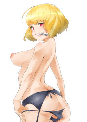 Rule 34 | 1girl, absurdres, ahoge, ass, back, black panties, blonde hair, breasts, clementine (overlord), evil smile, garter belt, highres, large breasts, looking at viewer, looking back, mouth hold, nipples, overlord (maruyama), panties, panty pull, parted lips, pink lips, puffy nipples, red eyes, short hair, simple background, slit pupils, smile, soi, solo, teeth, topless, underwear, underwear only, undressing, white background