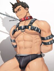 Rule 34 | 1boy, abs, animal ears, bara, bdsm, biceps, black male underwear, bondage, bound, brown eyes, brown hair, bulge, chain, chain leash, chest harness, closed mouth, collar, facial scar, fangs, frown, harness, highres, leash, male focus, male underwear, muscular, muscular male, nipples, original, pants, pectorals, restrained, rio mukiniki, scar, scar on cheek, scar on face, shadow, simple background, thick eyebrows, underwear, white background