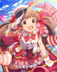 Rule 34 | 1girl, bow, bowtie, brown eyes, brown hair, buttons, card (medium), cloud, dress, frills, gloves, hakozaki serika, hat, heart, idolmaster, idolmaster million live!, idolmaster million live! theater days, mini hat, official art, open mouth, peaked cap, roller coaster, solo, twintails, wrist cuffs