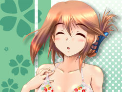 Rule 34 | 1girl, adjusting clothes, adjusting swimsuit, blush, brown hair, closed eyes, folded ponytail, halterneck, komaki manaka, open mouth, solo, swimsuit, to heart (series), to heart 2, x-4kazu