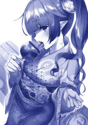 Rule 34 | 1girl, blue theme, blush, candy apple, eating, fangs, fingernails, food, from side, highres, hizuki akira, holding, japanese clothes, kimono, kinchaku, long hair, looking at viewer, monochrome, obi, original, pointy ears, pouch, sash, sideways glance, solo, tongue, tongue out, twintails, white background