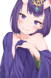 Rule 34 | 1girl, :q, bare shoulders, blush, bob cut, closed mouth, fate/grand order, fate (series), hair in own mouth, highres, horns, looking at viewer, oni, pixel (yuxian), purple eyes, purple hair, short hair, shuten douji (fate), simple background, skin-covered horns, solo, tongue, tongue out, white background
