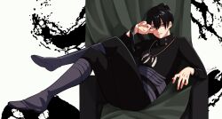 Rule 34 | 1boy, black clover, black hair, black pants, black shirt, blue eyes, boots, crossed legs, hair between eyes, hand in own hair, high collar, highres, jewelry, leaning back, long sleeves, looking at viewer, nacht faust, necklace, on chair, pants, ponytail, purple footwear, shadow, shirt, signature, sitting, solo, strap, sumuna sunaco, white background
